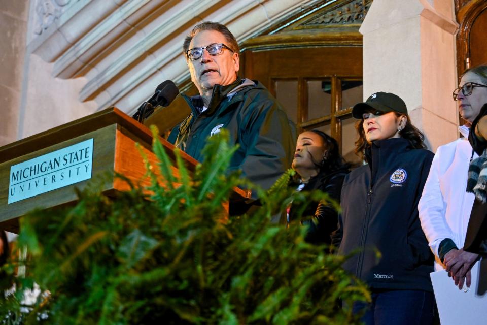 Michigan State basketball coach Tom Izzo speaks during a candlelight vigil on Wednesday, Feb. 15, 2023, honoring the victims of Monday's mass shooting on campus.