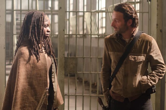 <p>Gene Page/AMC</p> Danai Gurira as Michonne and Andrew Lincoln as Rick Grimes on 'The Walking Dead'