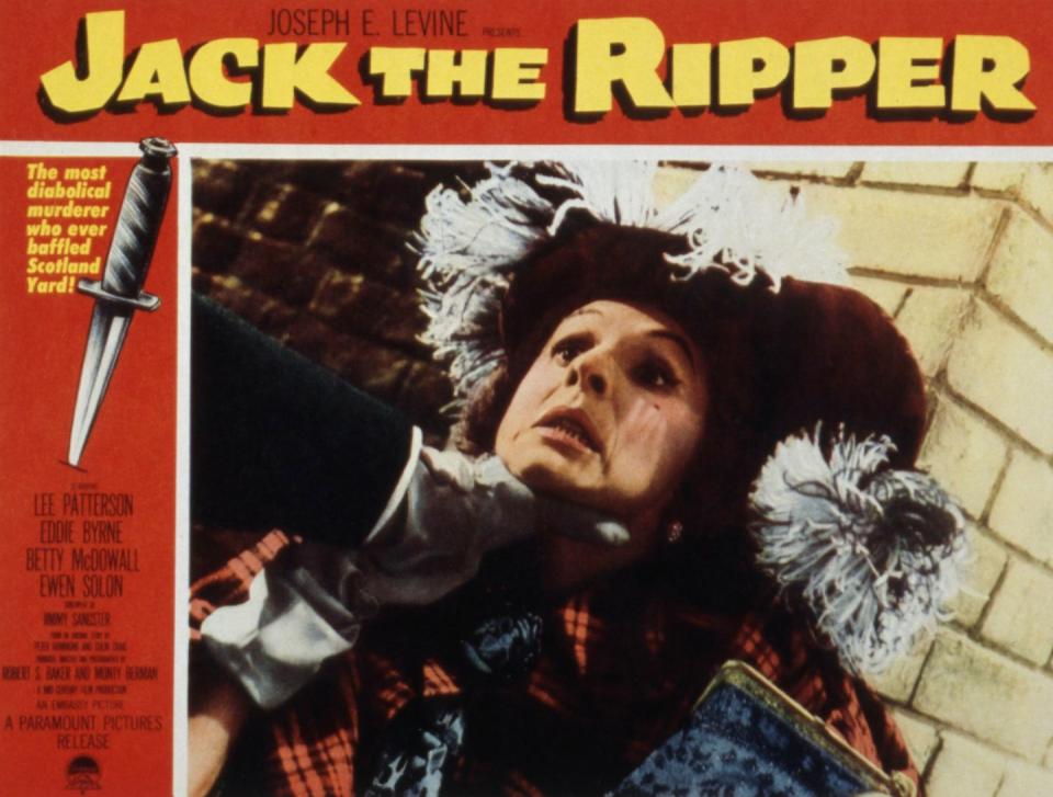 a man wearing a hat is chocked by one hand, he looks panicked, writing advertises the movie jack the ripper