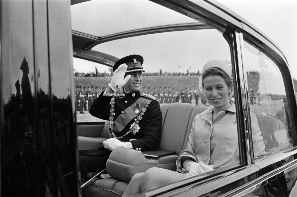 Charles and Anne riding in a car in Caernarfon, Wales, on July 1, 1969.