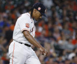 Houston Astros starting pitcher Luis Garcia reacts after giving up a two-run home run to Kansas City Royals' Bobby Witt Jr. during the third inning of a baseball game Tuesday, July 5, 2022, in Houston. (AP Photo/Kevin M. Cox)