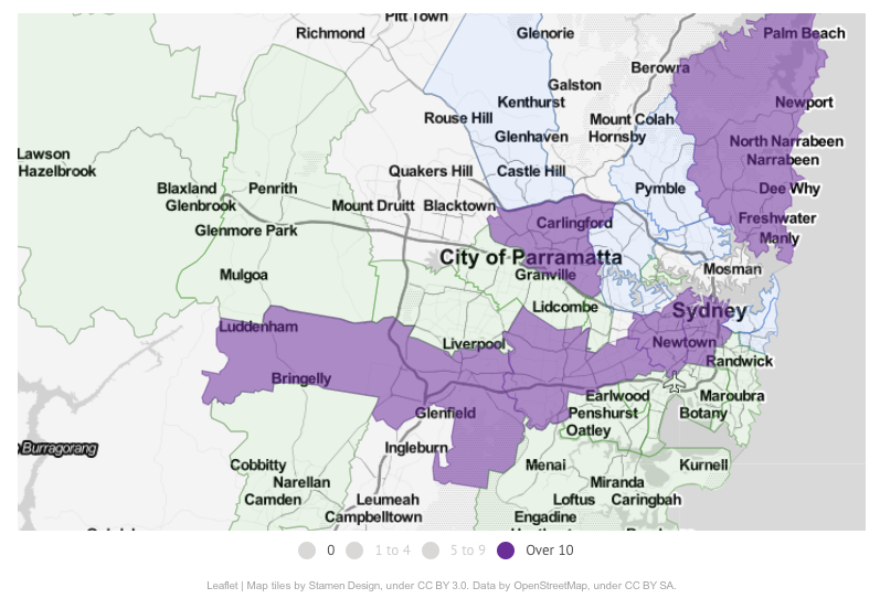 Colour-coded map of Sydney venues that have been dealt penalties for breaching Covid-19 regulations.