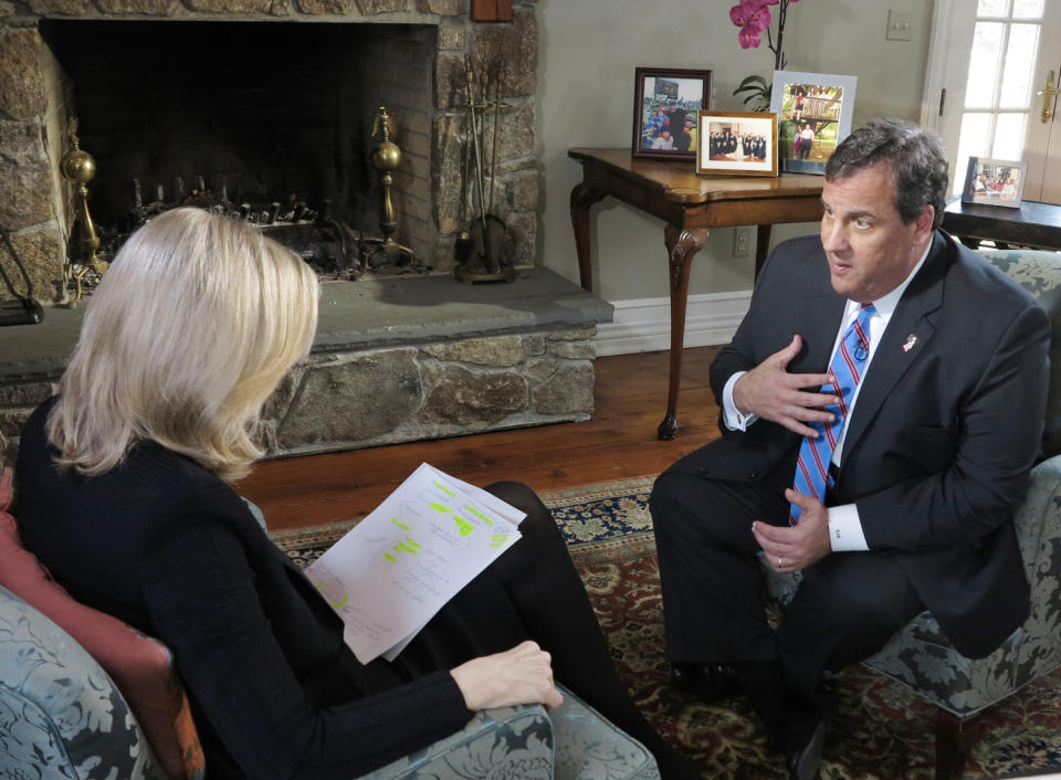 In this photo provided by ABC News, ABC News’ Diane Sawyer speaks exclusively to New Jersey Governor Chris Christie at his home in Mendham, N.J., Thursday, March 27, 2014. The Governor insisted that he “did nothing to create the environment” that prompted some of his former top aides to cause a traffic nightmare at the George Washington Bridge last fall. Portions of the interview aired on World News with Diane Sawyer and will also air on Nightline. Good Morning America Also plans to air some of the interview on Friday, March 28. (AP Photo, ABC, Ida Mae Astute) NO BOOK PUBLISHING WITHOUT PRIOR APPROVAL,; NO ARCHIVE; NO RESALE.