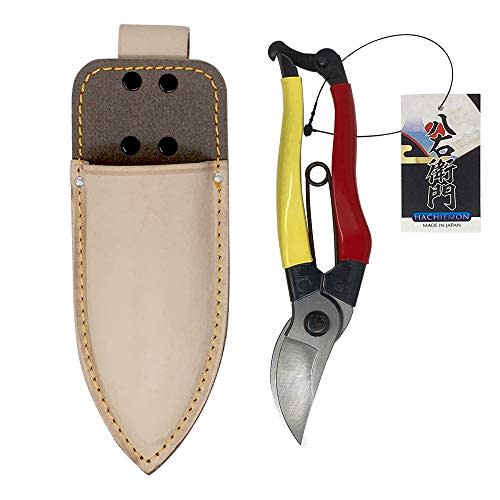 Hachiemon Bypass Pruning Shears 8" With Leather Holster - Japanese Style Garden Hand Pruner for Bonsai, Gardening, Fruit Picking