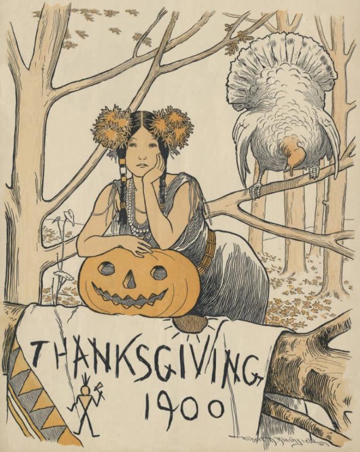 1900 — Native American woman with turkey and pumpkin, magazine cover illustration by Albert D. Blashfield 1900, Birds; Feminine; Thanksgiving; Trees; vintage images — Image by © Blue Lantern Studio/Corbis