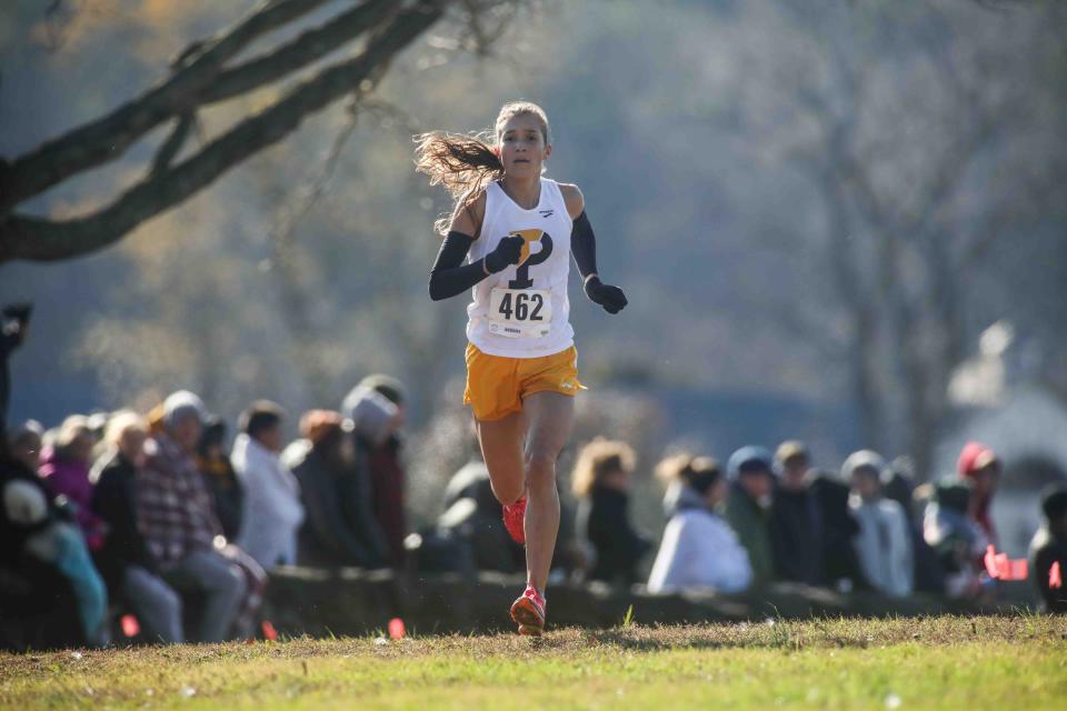 Padua's Elizabeth Bader wins the girls Division I race with a time of 19:21.69 at the DIAA Cross Country Championships Saturday, Nov. 10, 2018, at Brandywine Creek State Park.