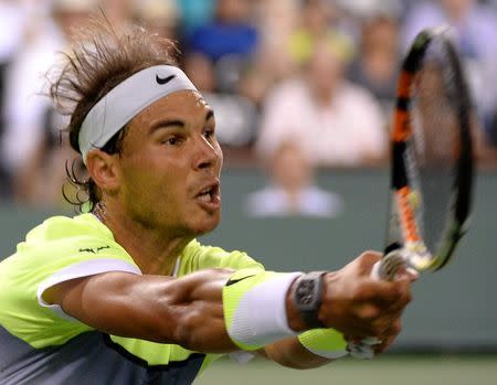 Mar 15, 2015; Indian Wells, CA, USA; Rafael Nadal (ESP) during his match against Igor Sijsling (NED) at the BNP Paribas Open at the Indian Wells Tennis Garden. Jayne Kamin-Oncea-USA TODAY Sports