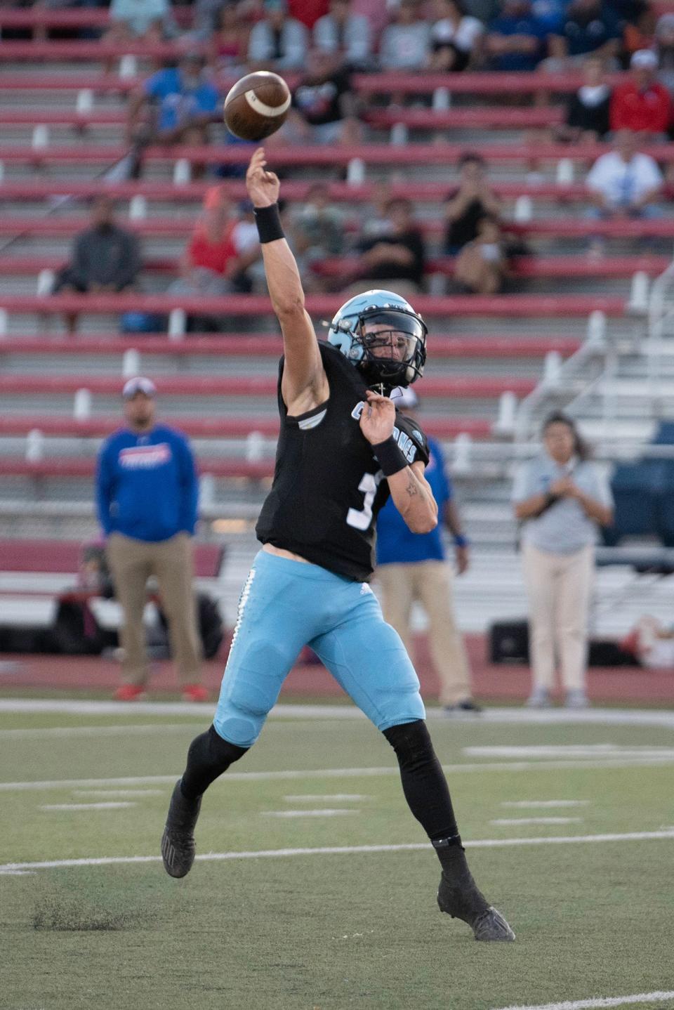 Pueblo West's Gavin Lockett fires off a long touchdown pass during a matchup with Fountain-Fort Carson on Friday, September 8, 2023.