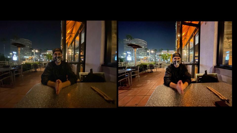 Sean Fujiwara, photographed at a California Pizza Kitchen restaurant in Long Beach, California at approx. 7:30 p.m. Left: iPhone 11 Pro, Right, iPhone 12 Pro