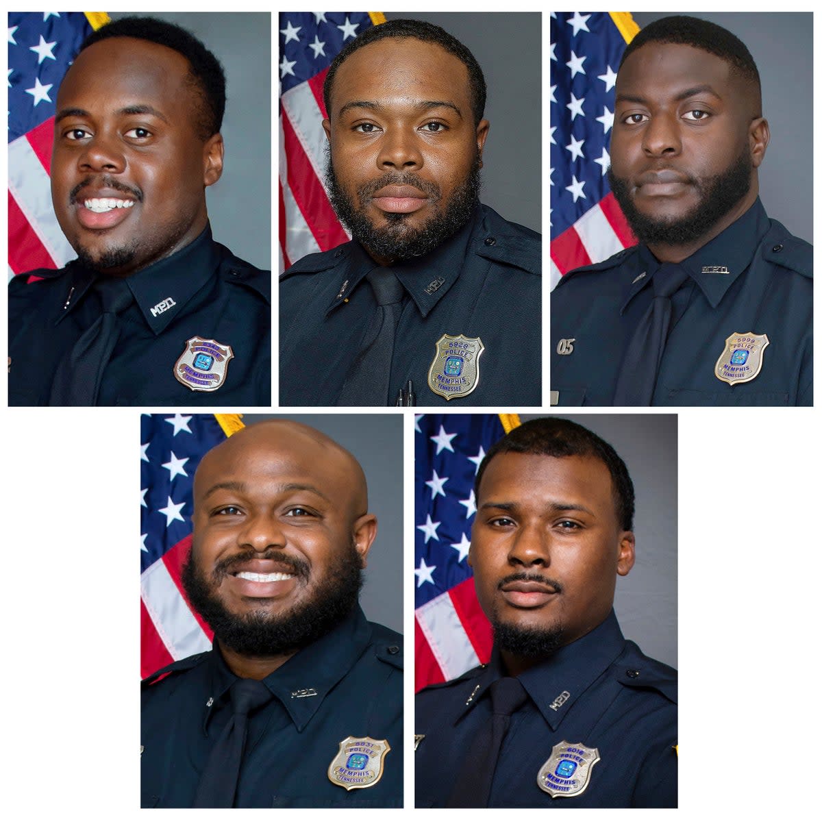 Top row from left, now-former Memphis Police Department officers Tadarrius Bean, Demetrius Haley, Emmitt Martin III, and bottom row from left, Desmond Mills Jr and Justin Smith. (AP)