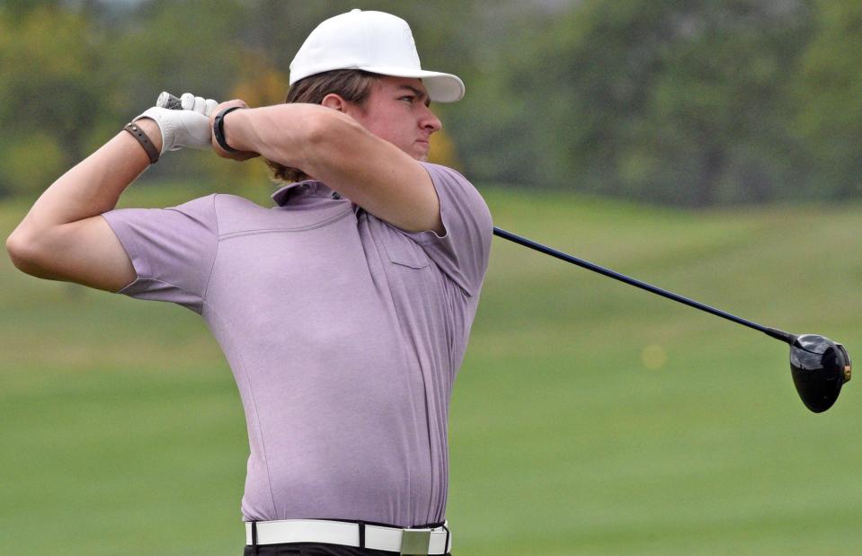 Watertown's Jake Olson watches his tee shot on Hole No. 10 during the Eastern South Dakota Conference Boys Golf Tournament on Monday, Sept. 25, 2023 at Yankton's Fox Run Golf Course.