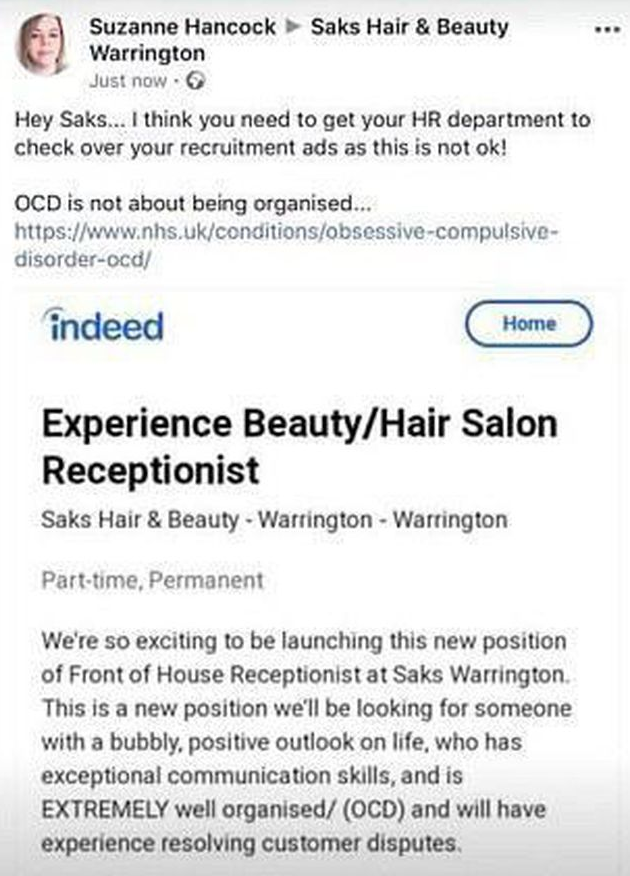 The salon originally advertised for a receptionist who had OCD, but the post has since been taken down. Source: Facebook/Saks