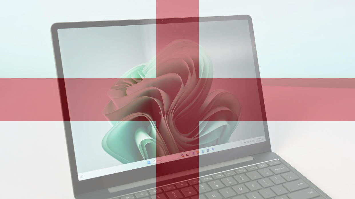  England flag over Microsoft Surface Laptop Go 3. 