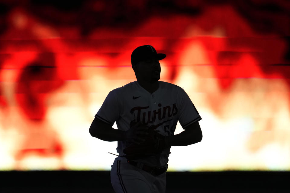 Minnesota Twins relief pitcher Jhoan Duran takes the field to pitch during the seventh inning of a baseball game against the Oakland Athletics, Wednesday, Sept. 27, 2023, in Minneapolis. (AP Photo/Abbie Parr)