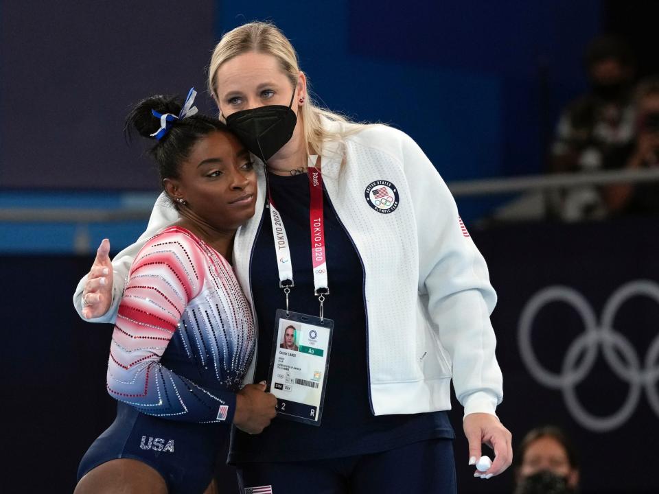 Simone Biles and her coach, Cecile Canqueteau-Landi.