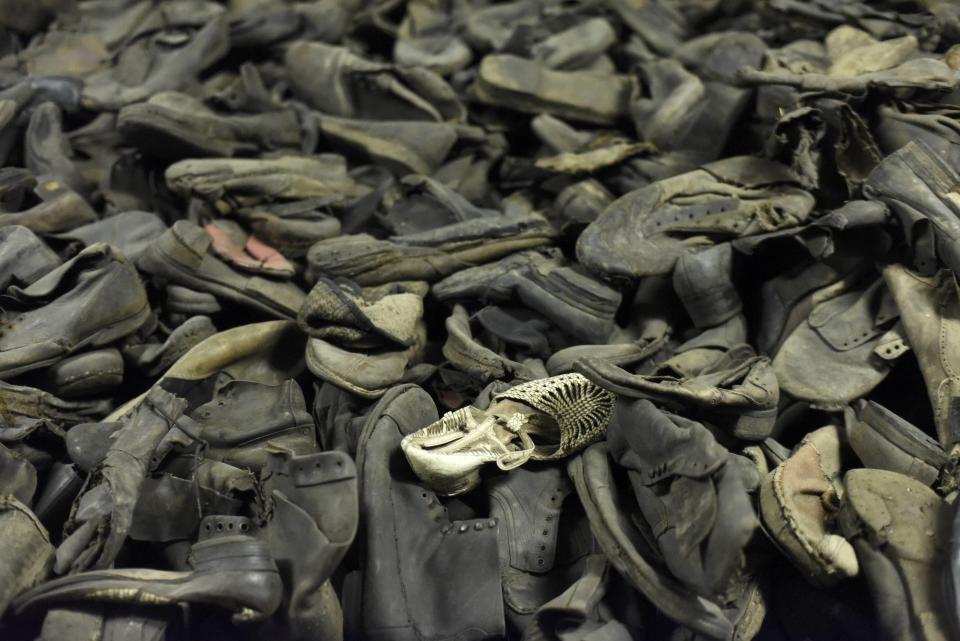 Discarded shoes are displayed former German Nazi concentration and extermination camp Auschwitz in Oswiecim