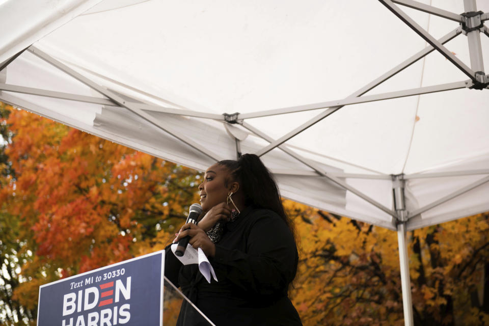 Lizzo speaks to the crowd while at a campaign event in Detroit for Democratic Presidential Candidate Joe Biden and Kamala Harris on Friday Oct. 23, 2020 in Detroit. (Nicole Hester/Ann Arbor News via AP)