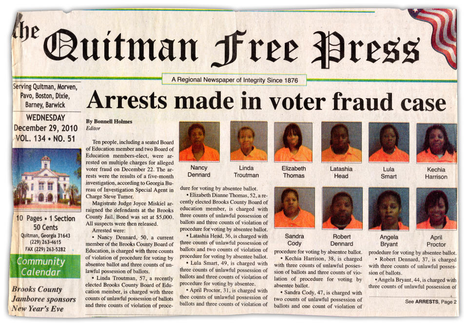 The voter fraud arrests story on the front page of The Quitman Free Press in 2010.