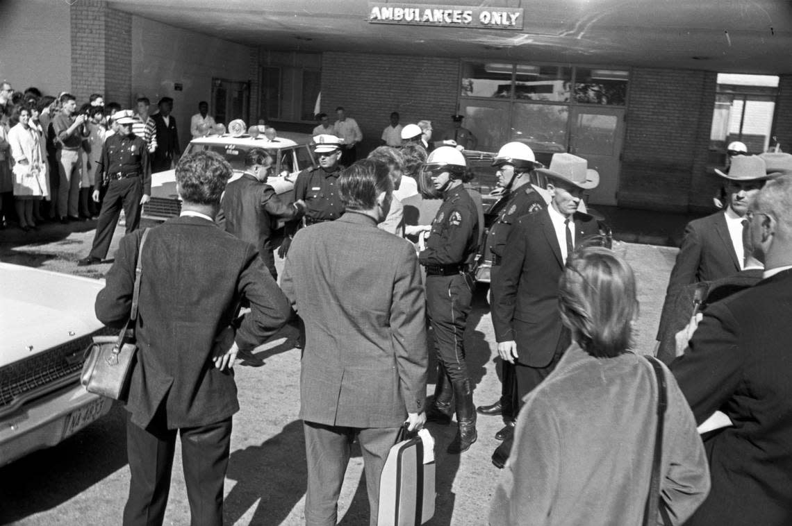 Nov. 22, 1963: A crowd awaiting news outside the emergency room entrance of Parkland Hospital, Dallas, following the assassination of President John F. Kennedy.