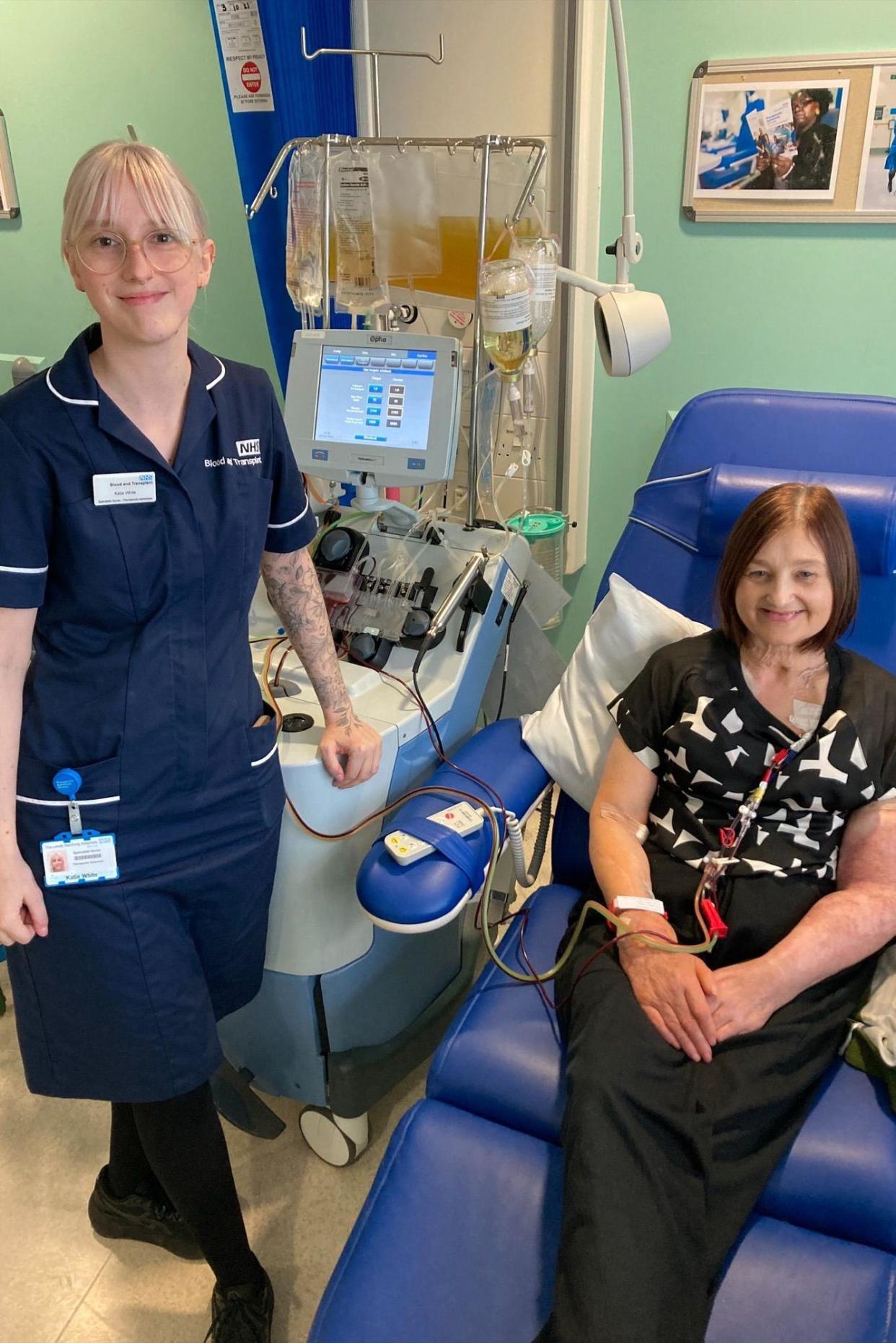 Tanya Shepherd, with nurse Katie White, of the NHS Therapeutic Apheresis Services team