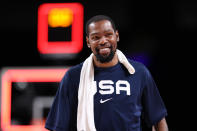 <p>SAITAMA, JAPAN - JULY 31: Kevin Durant #7 of Team United States smiles in celebration after defeating Team Czech Republic in a Men's Basketball Preliminary Round Group A game on day eight of the Tokyo 2020 Olympic Games at Saitama Super Arena on July 31, 2021 in Saitama, Japan. (Photo by Ezra Shaw/Getty Images)</p> 