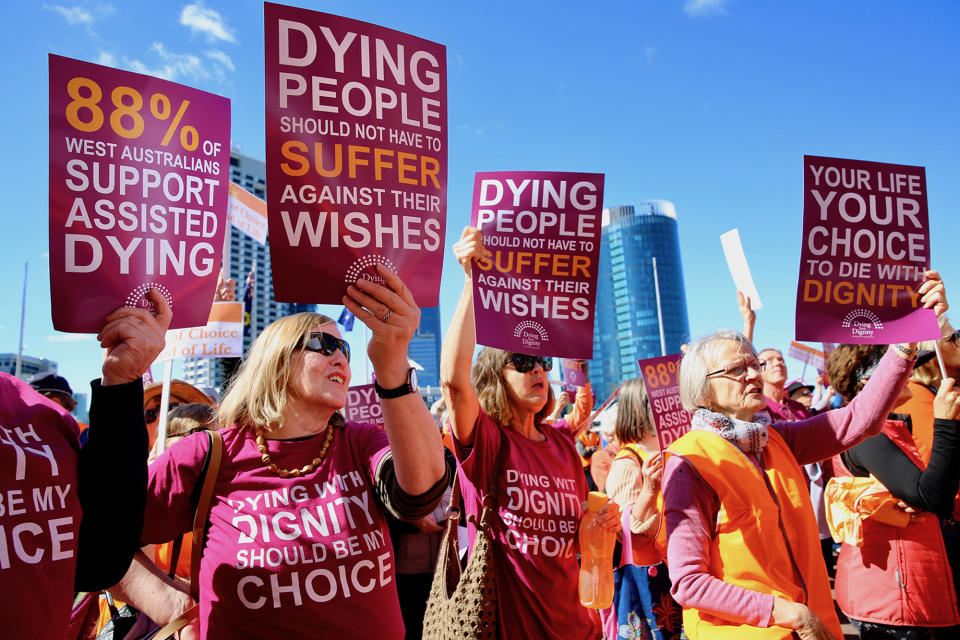 Euthanasia supporters during a rally in Western Australia in 2018. Source: Shayne Higson