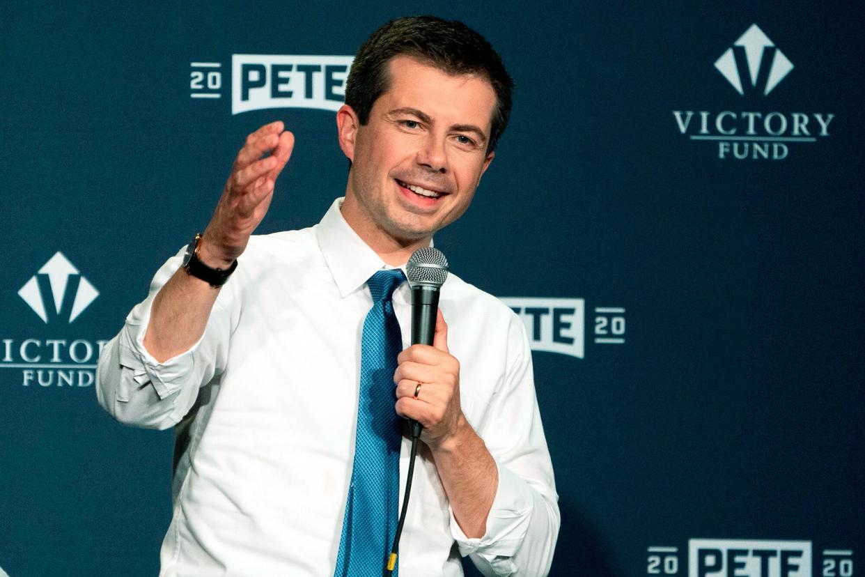 Mayor of South Bend, Indiana Pete Buttigieg speaks at an LGBTQ Victory Fund event June 28, 2019 in New York. - At the event LGBTQ Victory Fund announced that it was endorsing Buttigieg for presidentAnnise Parker, president of the Victory Fund, celebrates with South Bend's Mayor Pete Buttigieg