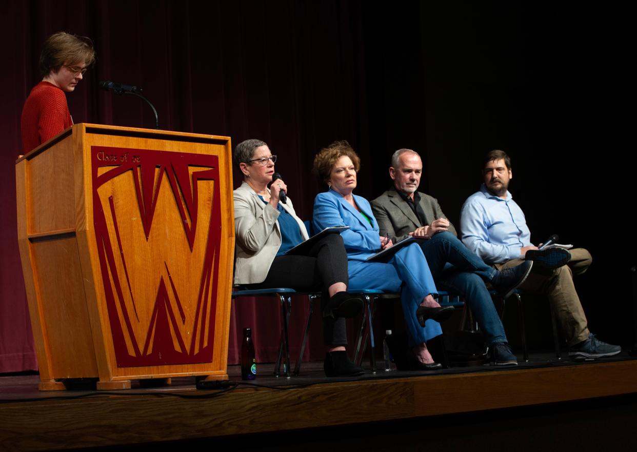 KLCC reporter Nathan Wilk, left, moderates as Lane County Commission candidates Lauri Trieger, Grace Widdicombe, Pat Farr and Zach Mulholland attend a City Club of Eugene forum at Willamette High School in Eugene May 3, 2024.