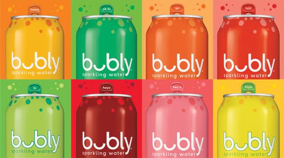 Illustration of eight bubly cans, representing eight flavors, in a style reminiscent of Andy Warhol.