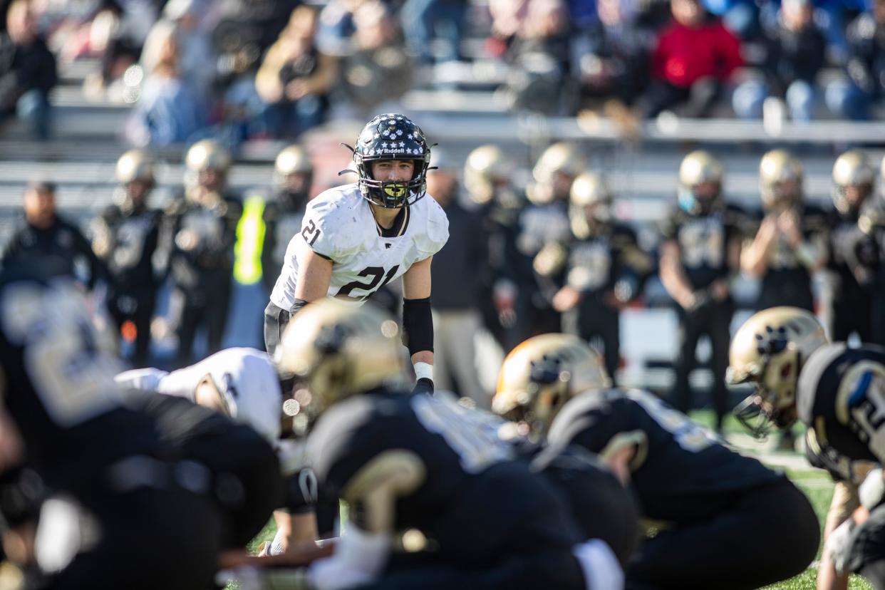 Lena-Winslow's Jake Zeal watches Camp Point Central as it gets set to run a play at the IHSA state championships on Friday, Nov. 25, 2022, at the University of Illinois in Champaign. The IHSA has moved the title games to Illinois State University in Bloomington-Normal for the next five years.