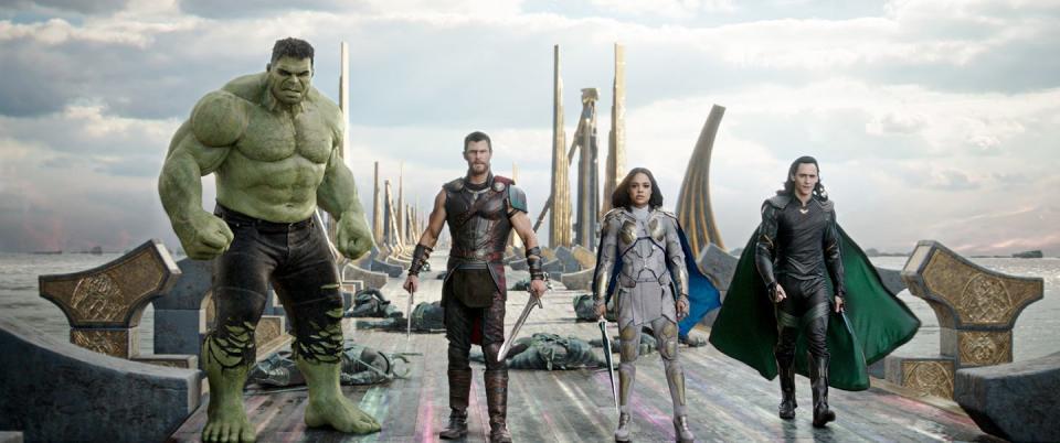 the hulk stands with thor in a scene from thor ragnarok, the 17th movie if you want to watch all the marvel movies in order