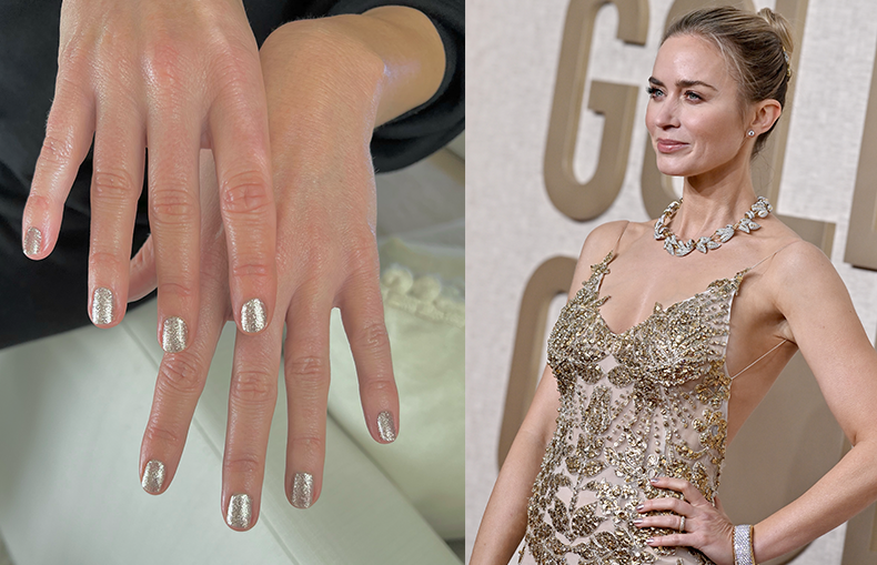 close up of shimmery nail polish, woman on a red carpet with a rose gold manicure 