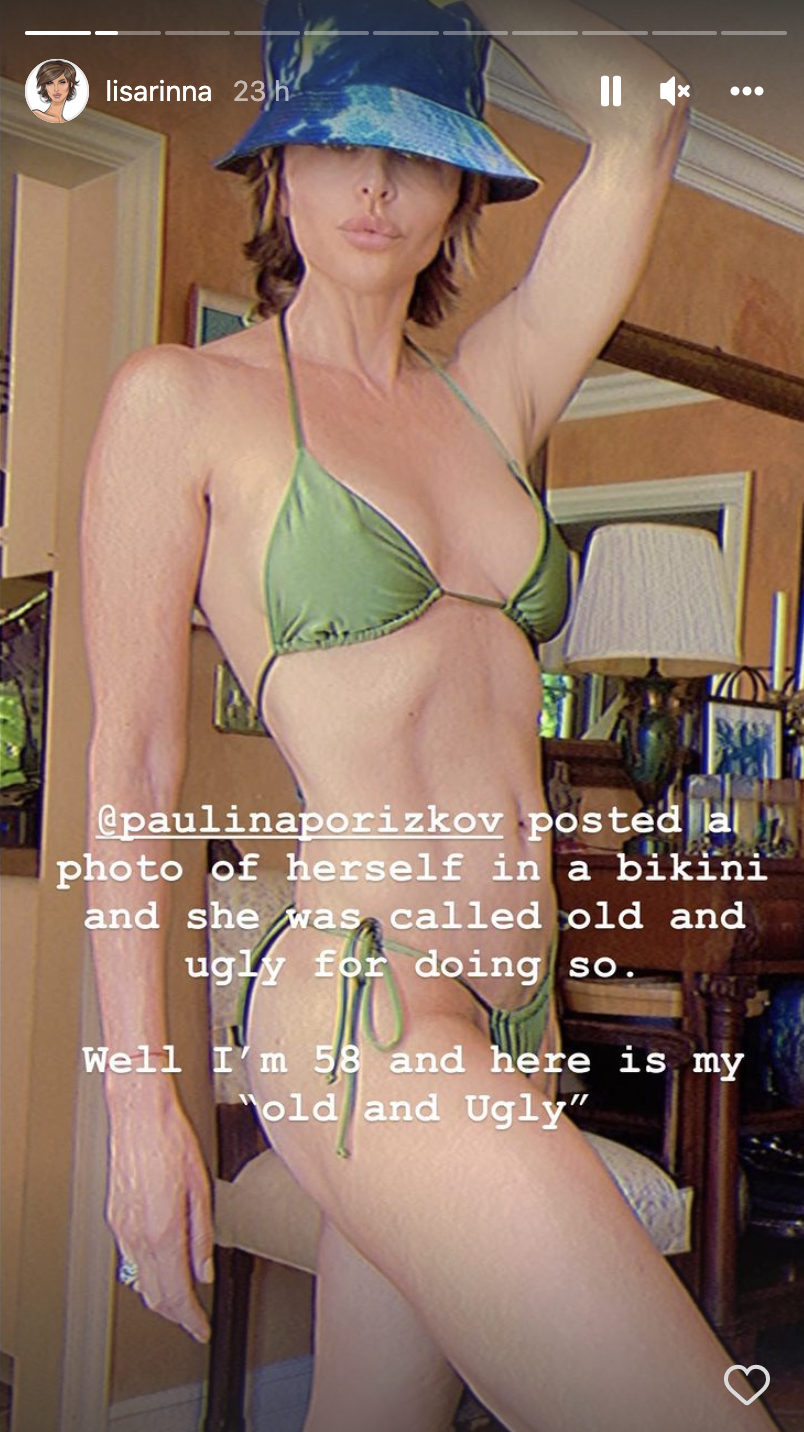 Rinna posed in a green string bikini as a show of support for Paulina Porizkova. (Photo: Lisa Rinna/Instagram Stories)