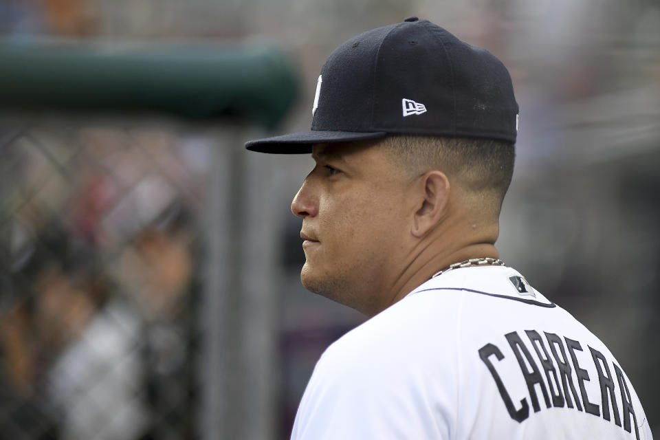 Detroit Tigers' Miguel Cabrera watches from the dugout during the first inning of the team's baseball game against the Milwaukee Brewers in Detroit, Tuesday, Sept. 14, 2021. (AP Photo/Lon Horwedel)