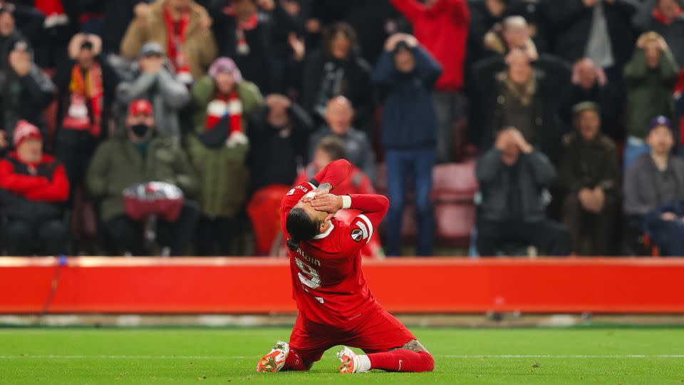 Liverpool striker Darwin Nunez had a great game but missed a comical open goal in the second half. - James Gill - Danehouse/Getty Images