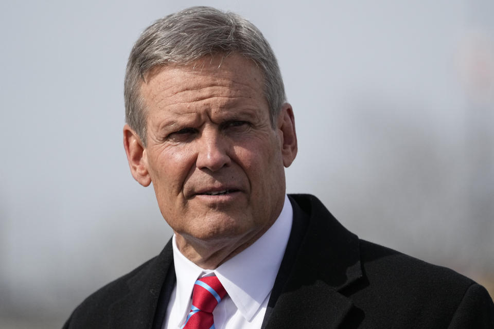 FILE - Tennessee Gov. Bill Lee attends the Tennessee Titans groundbreaking ceremony at the site of the team's new NFL football stadium, Feb. 29, 2024, in Nashville, Tenn. On the eve of a vote on union representation at Volkswagen's Tennessee factory, Lee and some other southern governors are telling workers that voting for a union will put jobs in jeopardy. (AP Photo/George Walker IV, File)