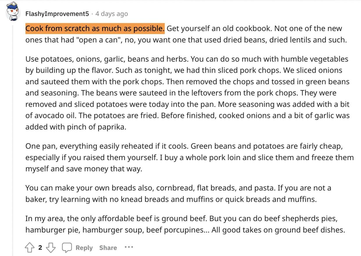 Reddit screenshot about the tremendous value of cooking from scratch.