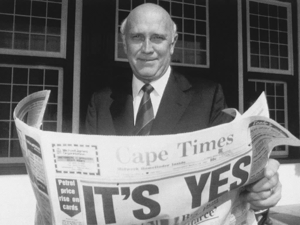 Former South African president, FW de Klerk, poses outside his office in Cape Town, South Africa in 1992 (AP)