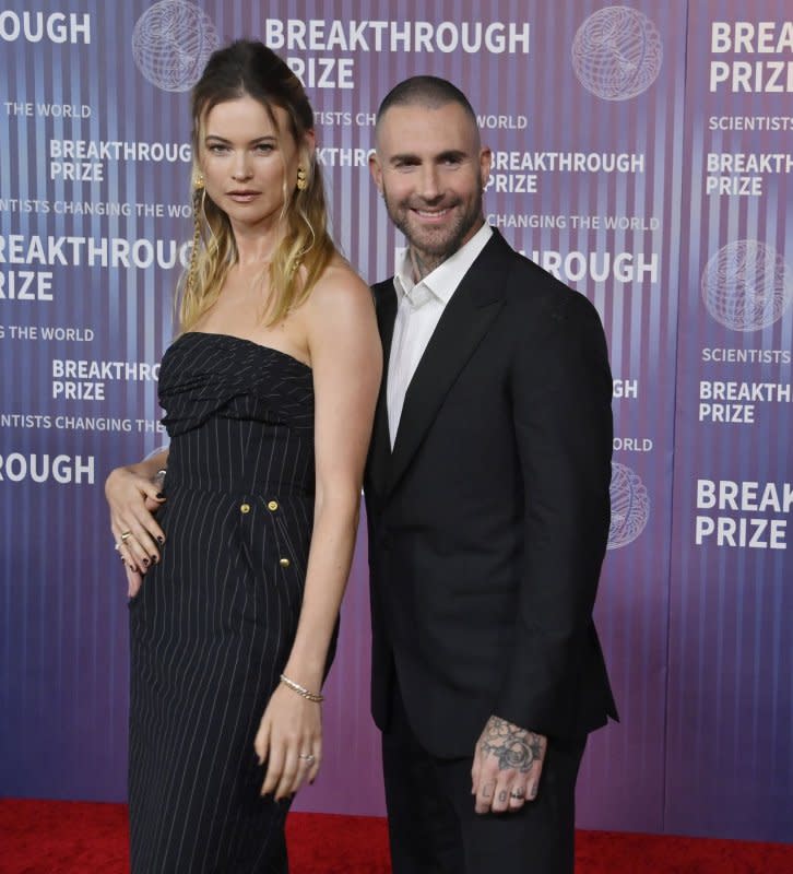 Adam Levine (R) and Behati Prinsloo attend the Breakthrough Prize ceremony on Saturday. Photo by Jim Ruymen/UPI