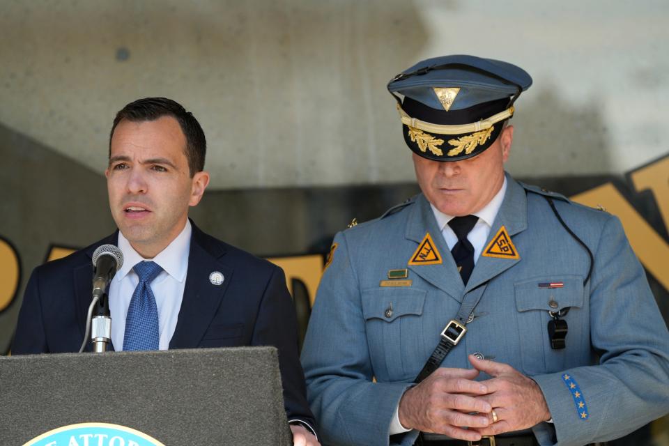NJ Attorney General Matthew J. Platkin announces on the steps of Paterson Police Department that the Attorney Generals office is taking control of the department in Paterson, NJ on Monday March 27, 2023. At right, Colonel Patrick J. Callahan of the NJ State Police.