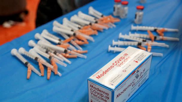 PHOTO: he Moderna COVID-19 vaccine sits on the table at Trinity United Church of Christ in Chicago, Feb. 13, 2021. (Kamil Krzaczynski/Reuters, FILE)