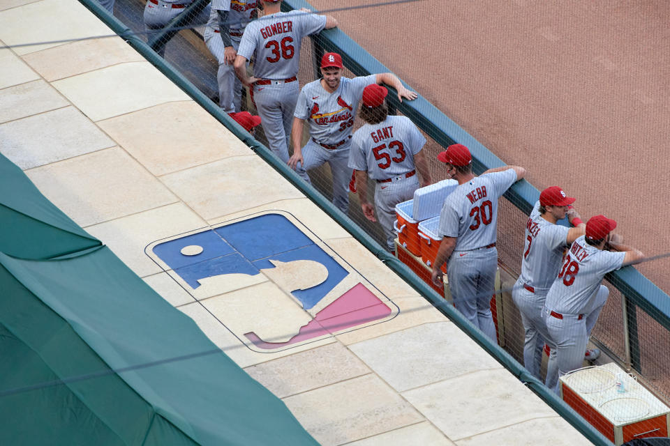 MINNEAPOLIS, MINNESOTA - JULY 28: The St. Louis Cardinals dugout is seen before the home opener game at Target Field on July 28, 2020 in Minneapolis, Minnesota. The Twins defeated the Cardinals 6-3. (Photo by Hannah Foslien/Getty Images)