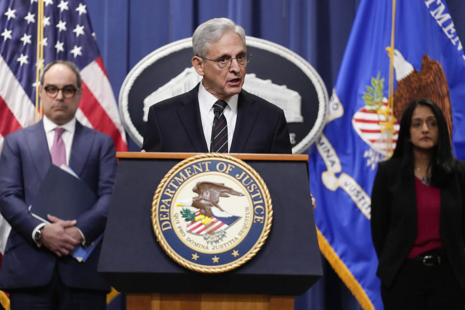 FILE - Attorney General Merrick Garland, joined by Associate Attorney General Vanita Gupta and Assistant Attorney General Jonathan Kanter of the Justice Department's Antitrust Division, speaks at the Department of Justice in Washington, Tuesday, Jan. 24, 2023. U.S. District Judge Leonie Brinkema on Friday, April 28, 2023, rejected a motion from Google to toss out the government's antirust case against it. (AP Photo/Carolyn Kaster, File)