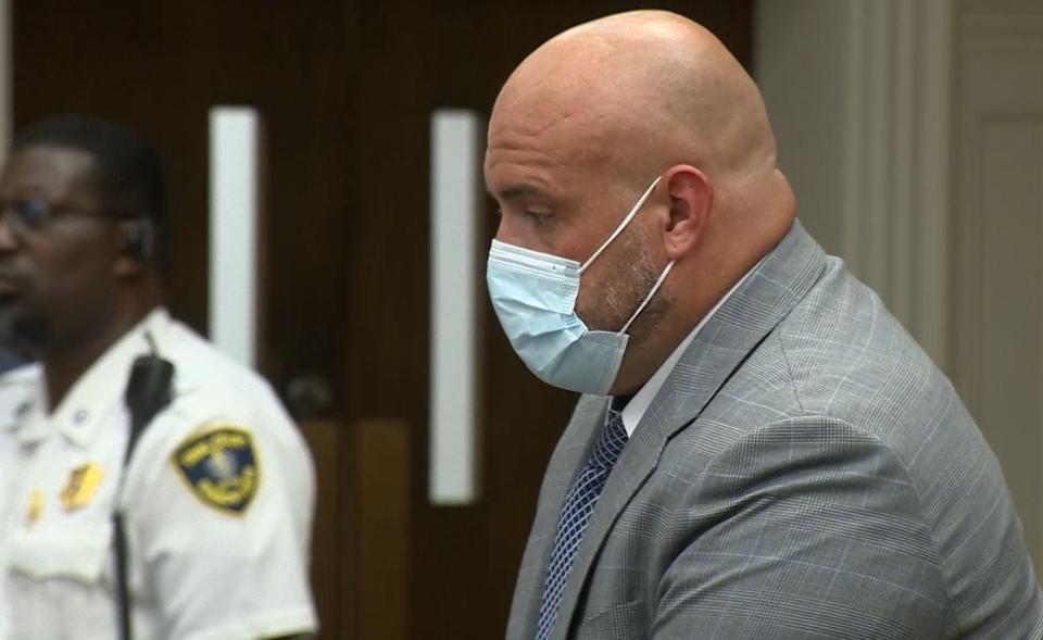 Brian Bairos, right, was arraigned in Brockton Superior Court Wednesday morning, June 29, 2022.