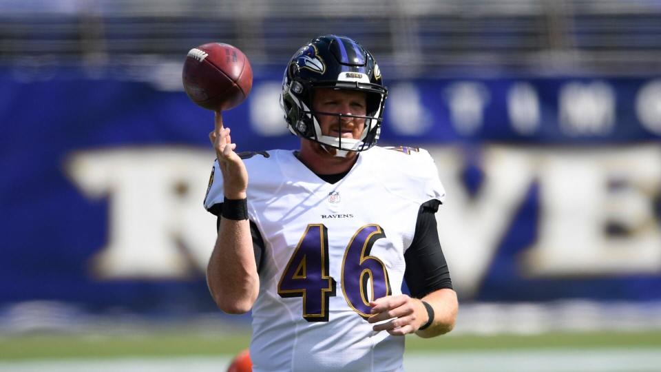 Mandatory Credit: Photo by Nick Wass/AP/Shutterstock (10775612b)Baltimore Ravens long snapper Morgan Cox (46), warms up before and NFL football game against the Cleveland Browns, in Baltimore, MDBrowns Ravens Football, Baltimore, United States - 13 Sep 2020.