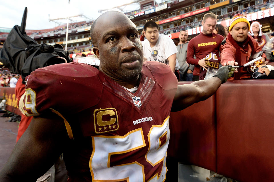 When London Fletcher was inducted into the Redskins' Ring of Honor, his name was misspelled on the scoreboard. (Photo by Patrick McDermott/Getty Images)