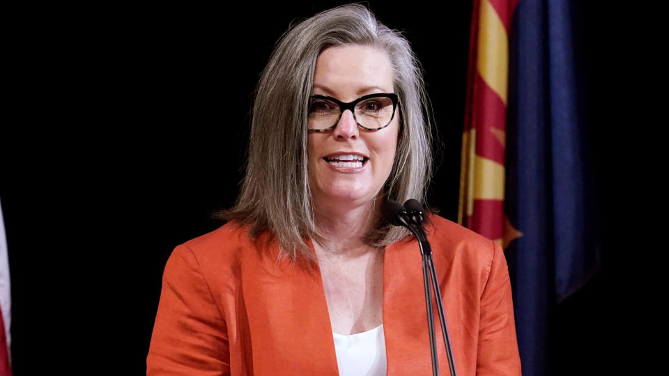 Arizona Secretary of State Katie Hobbs addresses the members of Arizona's Electoral College prior to them casting their votes in Phoenix, Arizona, U.S. December 14, 2020. (Ross D. Franklin via Reuters)