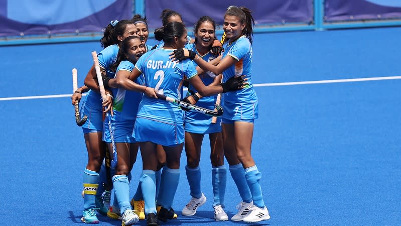 TOKYO, JAPAN - AUGUST 02: Gurjit Kaur of Team India celebrates scoring the first goal with teammates during the Women's Quarterfinal match between Australia and India on day ten of the Tokyo 2020 Olympic Games at Oi Hockey Stadium on August 02, 2021 in Tokyo, Japan. (Photo by Buda Mendes/Getty Images)