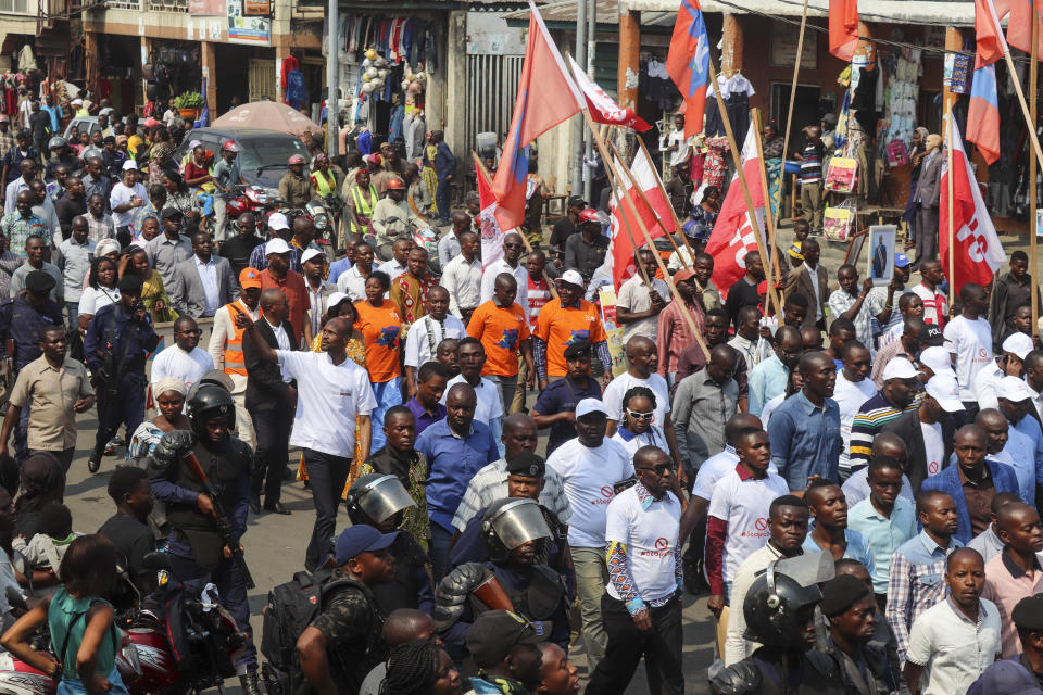 Residents march to raise awareness about Ebola, in the city of Goma, in eastern Congo Thursday, Aug. 22, 2019. Hundreds gathered in Goma to support Ebola response teams that have seen increasing attacks and resistance among communities where Ebola continues to spread after killing at least 1,800 people in the year since the outbreak began. (AP Photo/Justin Kabumba)