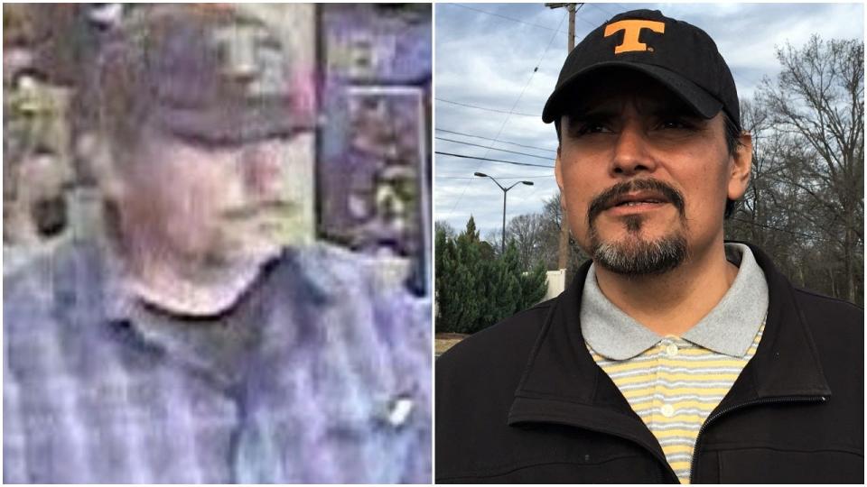 A security camera still image of a man sought by El Paso police for heroic actions in the Aug. 3 Walmart shooting is shown at left; Lazaro Ponce, right, says he is that man.